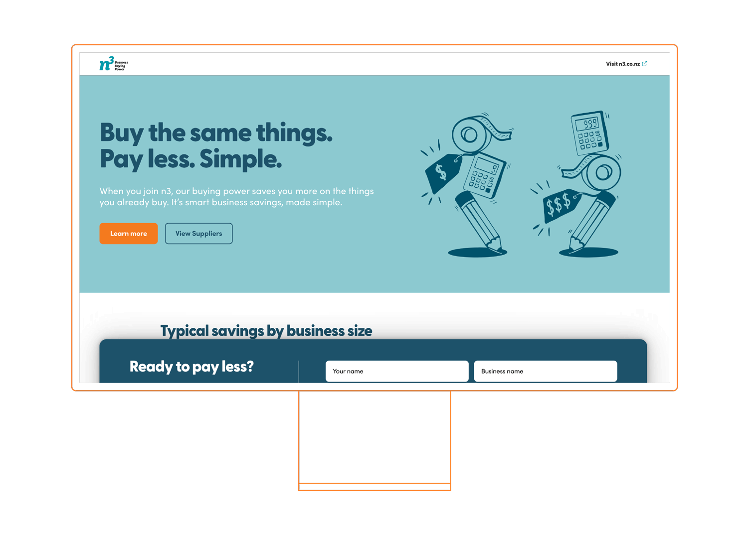 Illustration of a large computer screen showing a landing page. The landing page says "Buy the same things. Pay less. Simple.". The page has a call-to-action form.