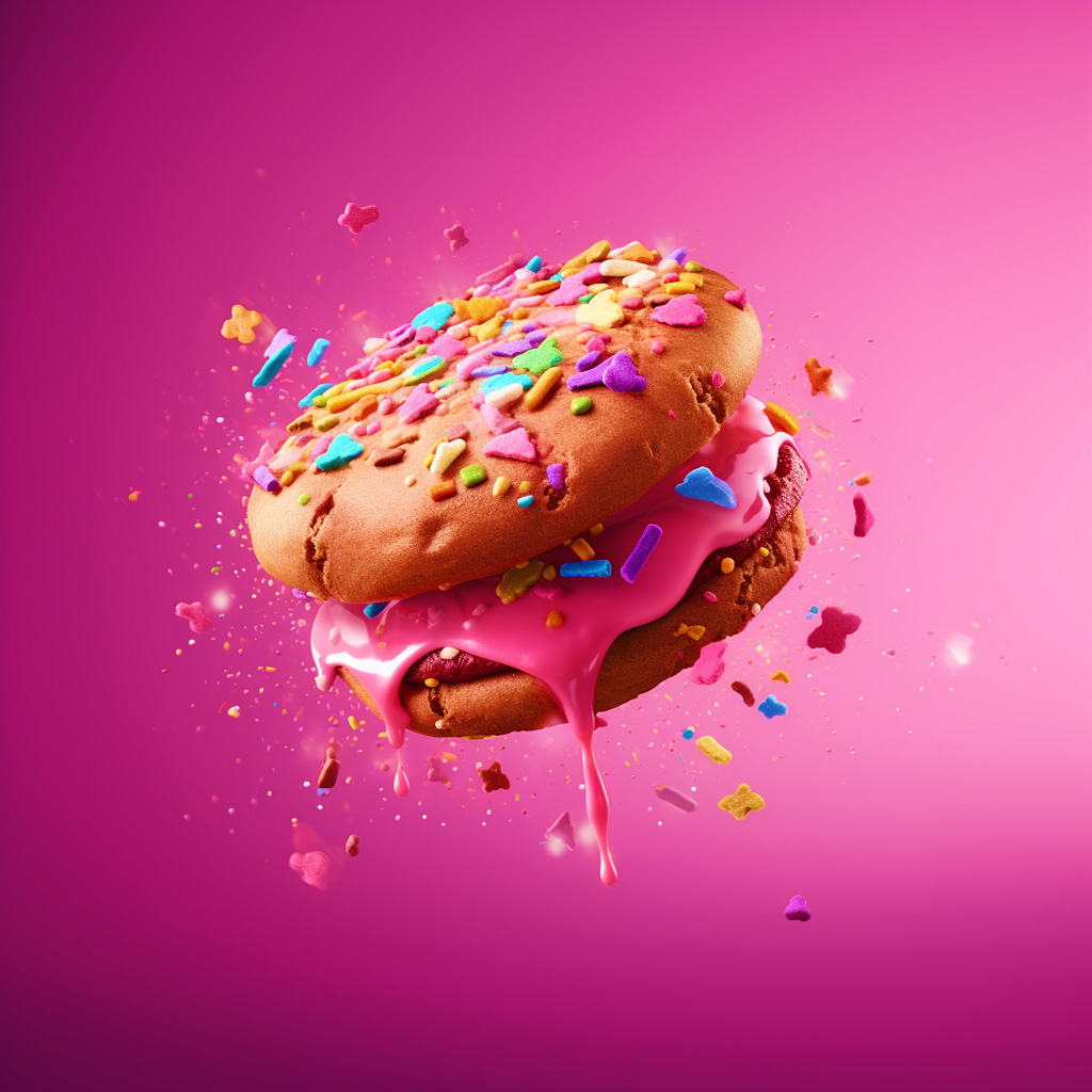 3D render of a cookie with pink icing, floating on a pink background