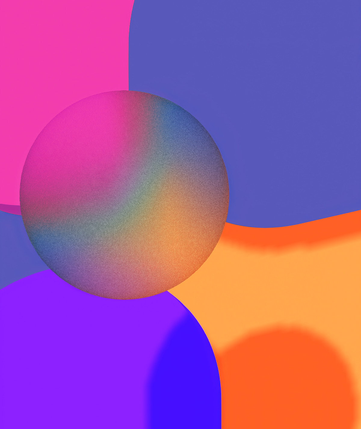 Abstract 3D render showing our three service colours: Pink (Design), Orange (Build), Purple (Grow)