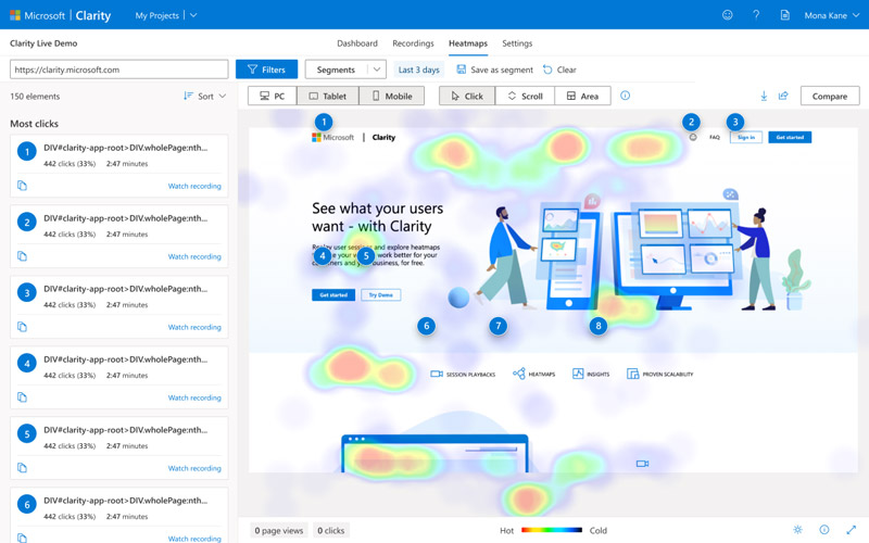 Screenshot of a Microsoft Clarity click heatmap.