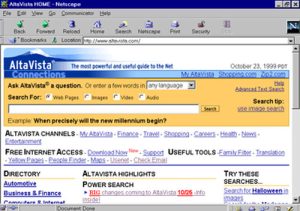Screenshot of the AltaVista search engine running in Netscape browser, circa 1990s.