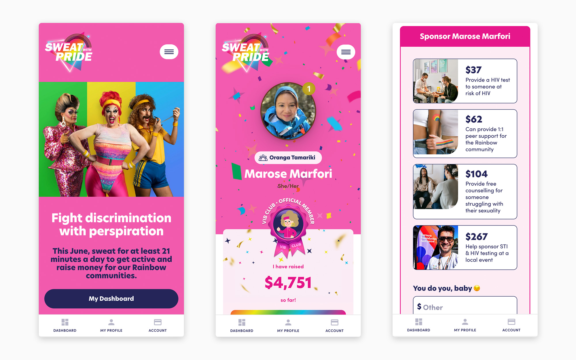 Image showing three screenshots of the Sweat with Pride website on mobile