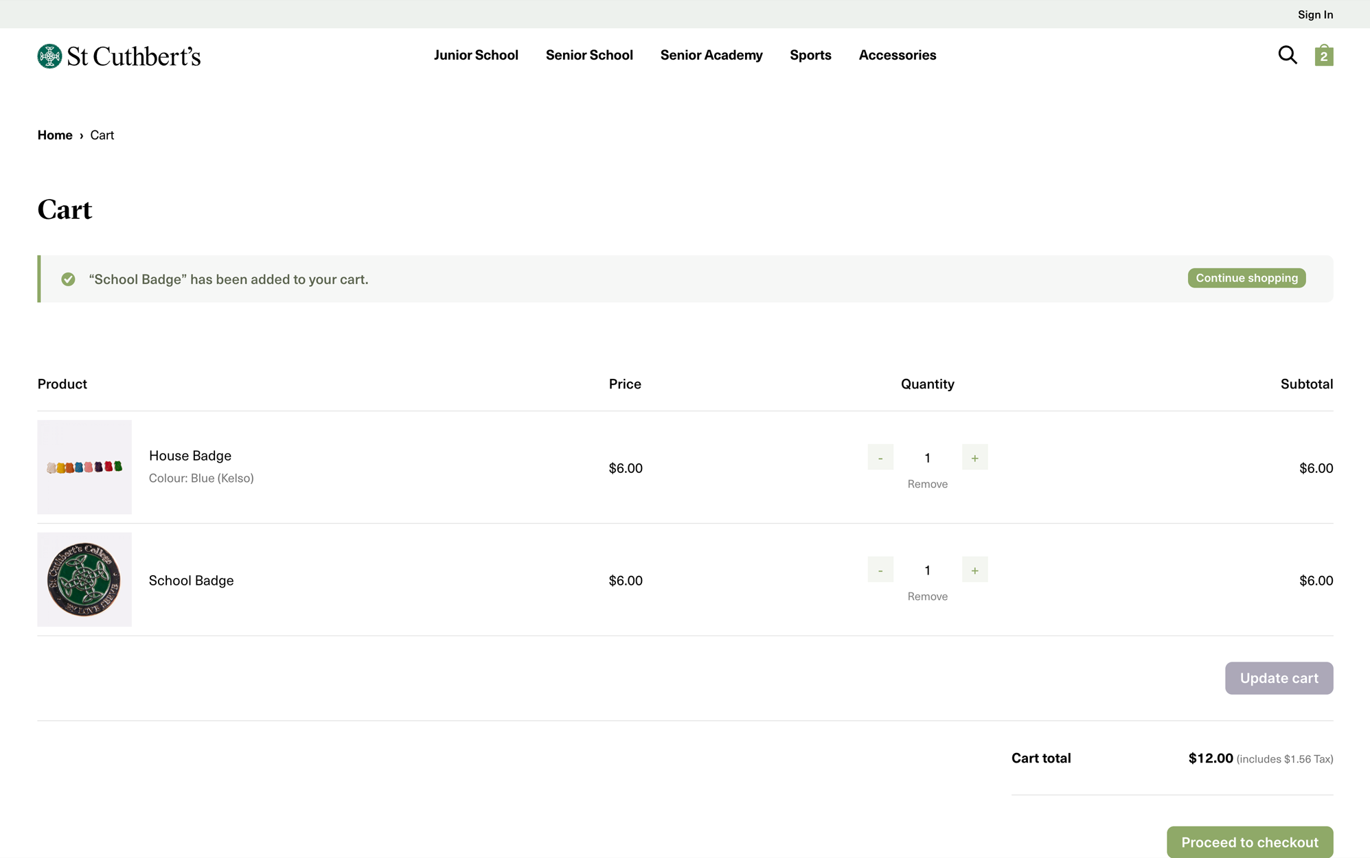 Screenshot of the shopping cart on the online store