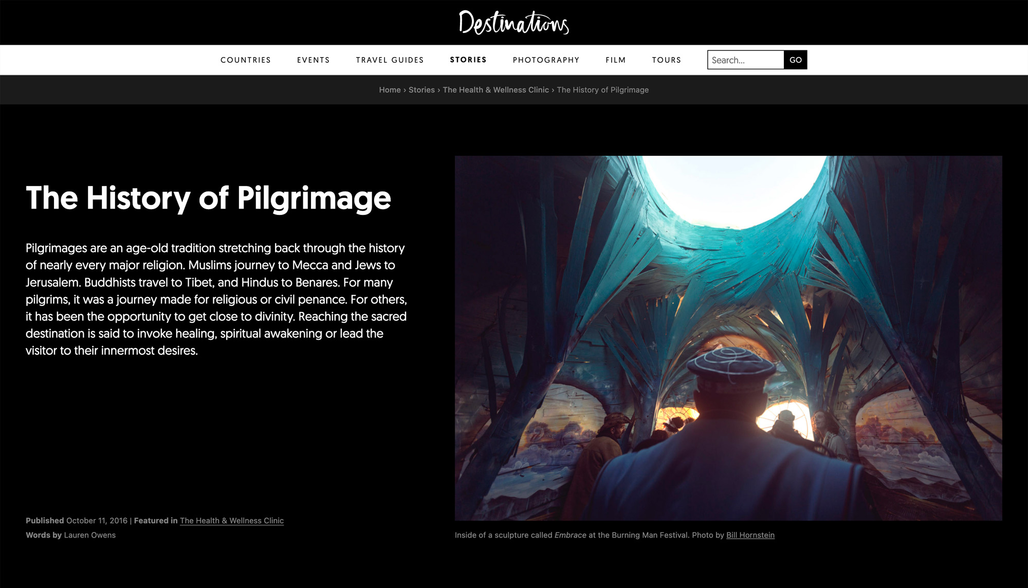 Screenshot of the header area of an article. It shows the content on the left, including the headline "The History of Pilgrimage". On the right of the header is a large photo of a sculpture at the Burning Man Festival.