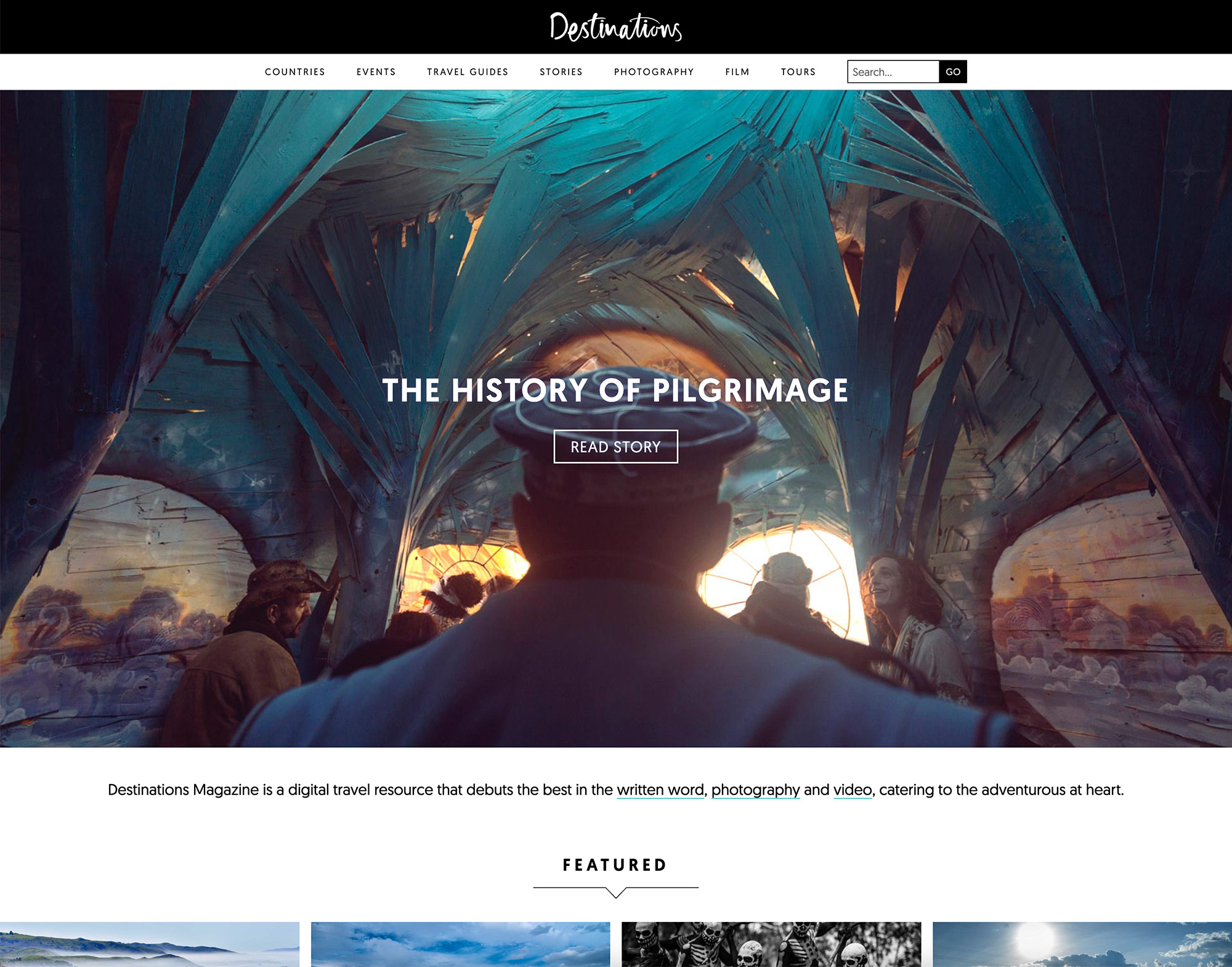 Screenshot of the Destinations homepage, showing a large header image with "The History of Pilgrimage" in large text on top of the image.