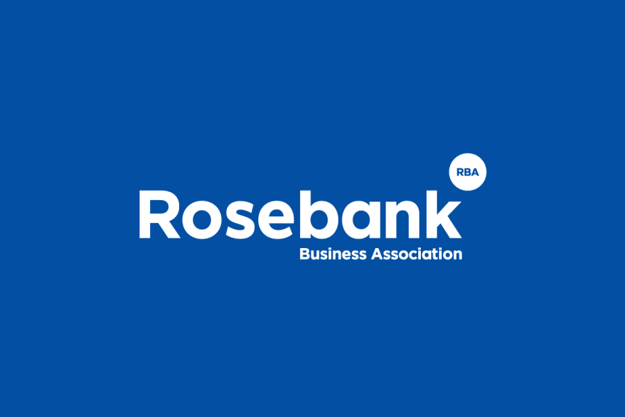 Rosebank Business Association logo, in white, on a blue background