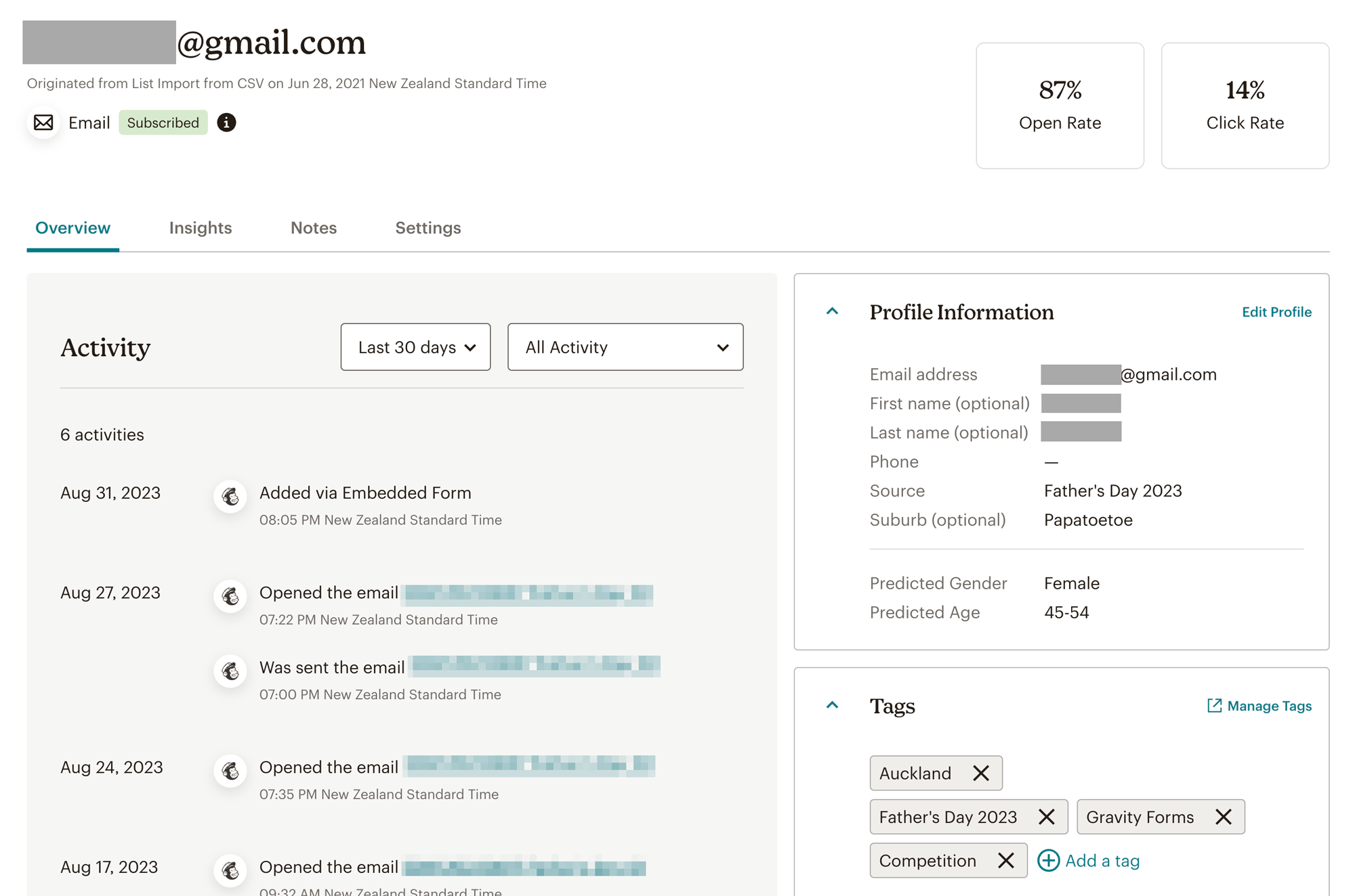 Screenshot of a recipient's profile in Mailchimp, showing several data attributes