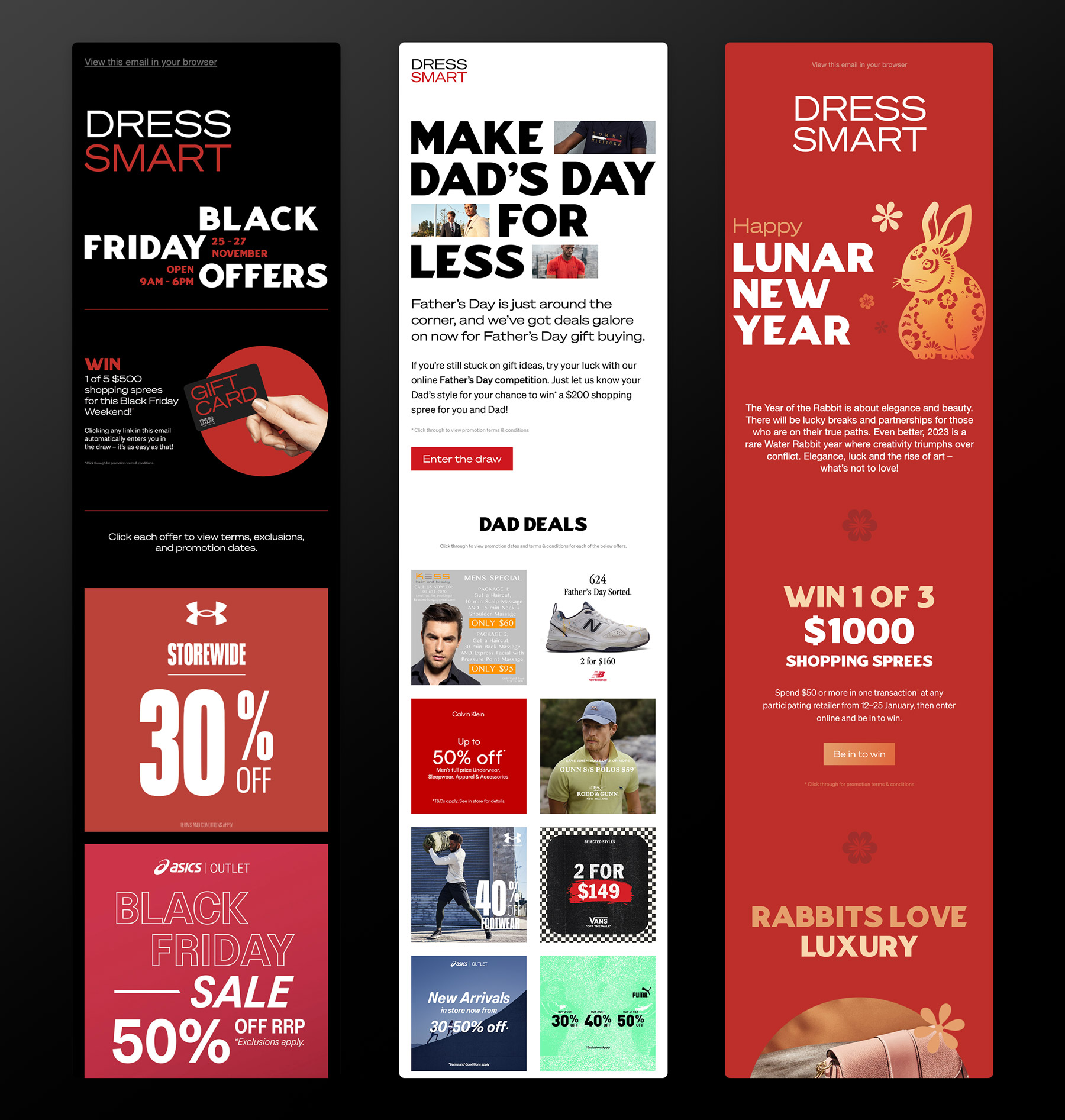 Image showing three different Dress Smart email campaigns. Black Friday, Father's Day, and Lunar New Year.