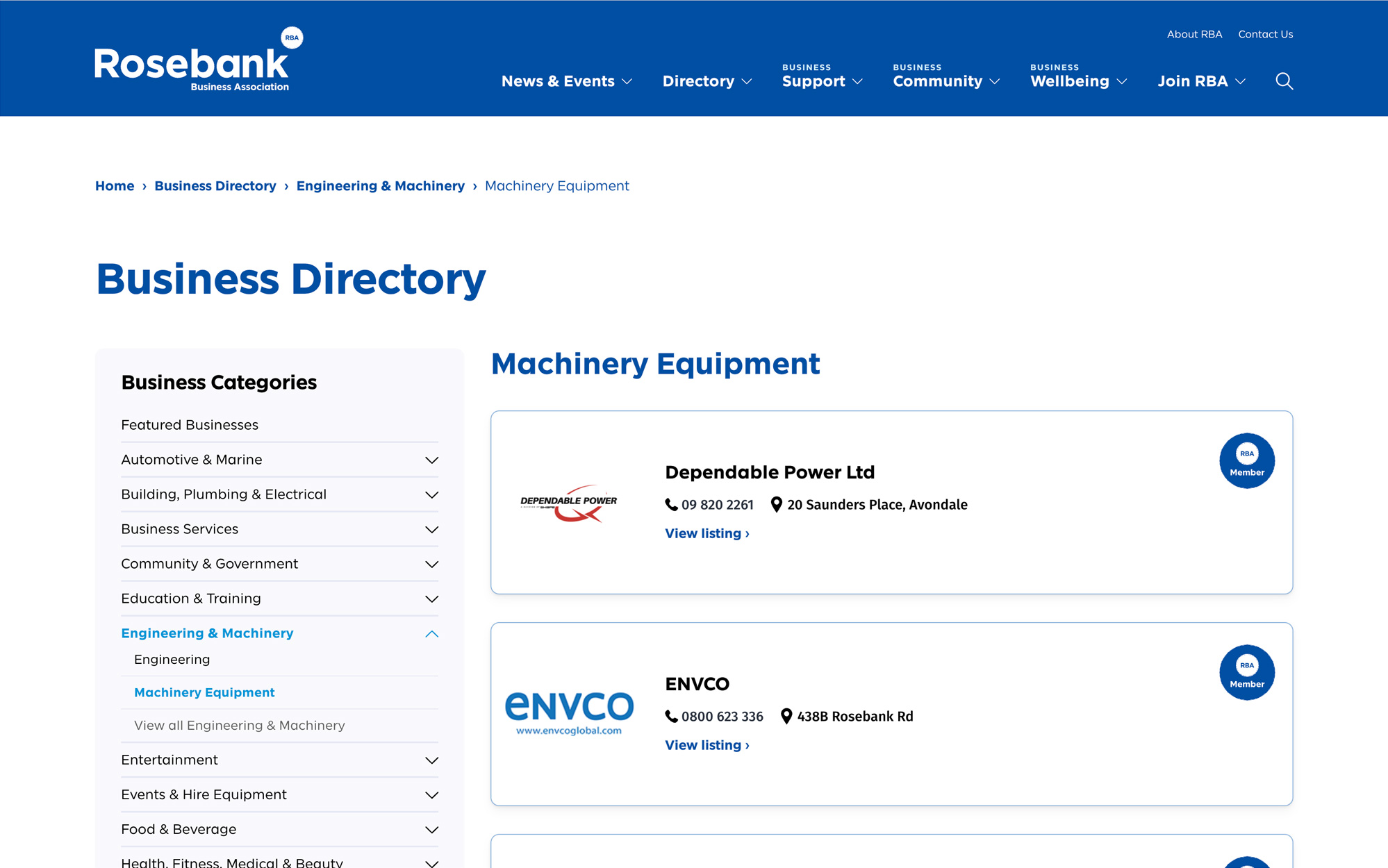A screenshot of the RBA Business Directory, showing listings in the "Machinery Equipment" category