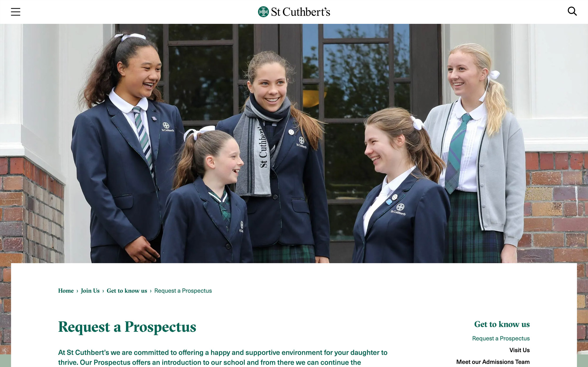 Photo of a page on the St Cuthbert's website, with a large header image. the page title is "Request a Prospectus".