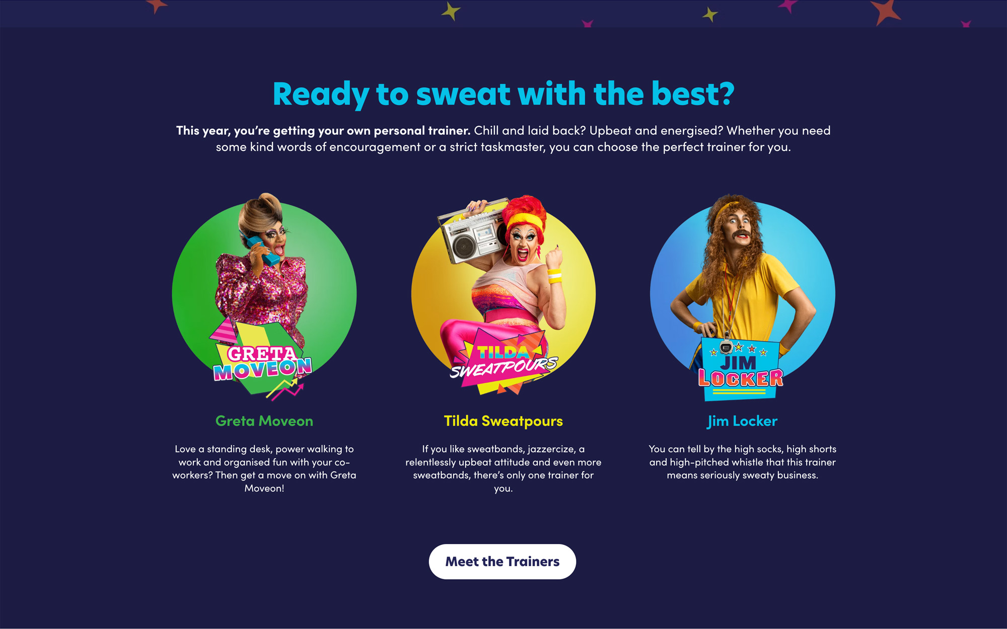 Screenshot of the Sweat with Pride website showing the three perspirational trainers: Greta Moveon, Tilda Sweatpours, and Jim Locker