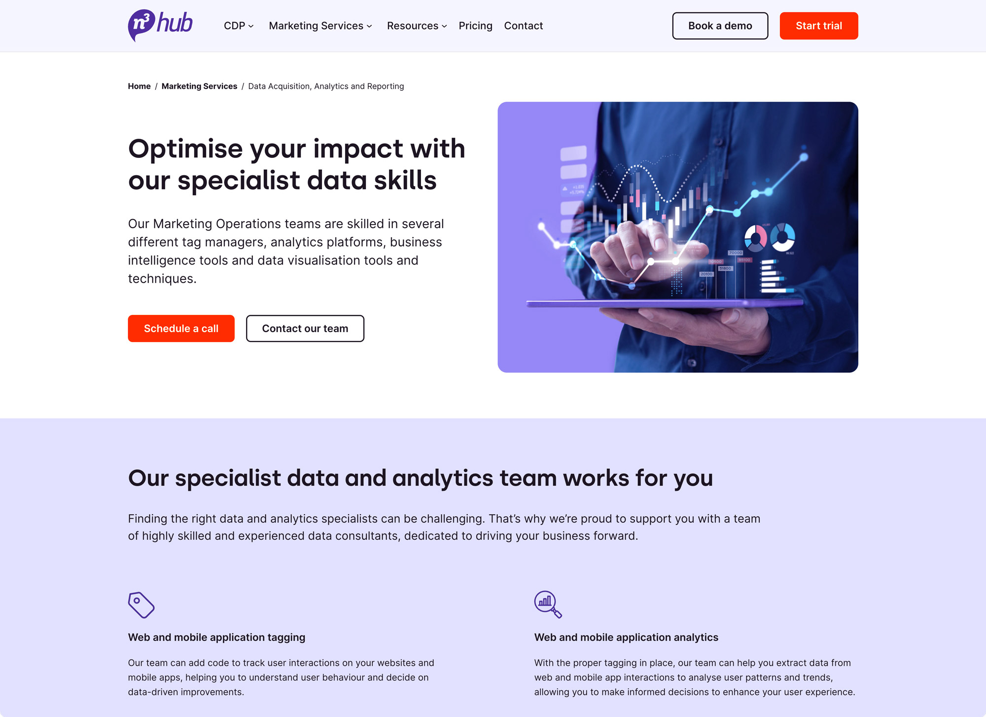Screenshot of the n3 Hub website, showing a page about Data Acquisition, Analytics and Reporting