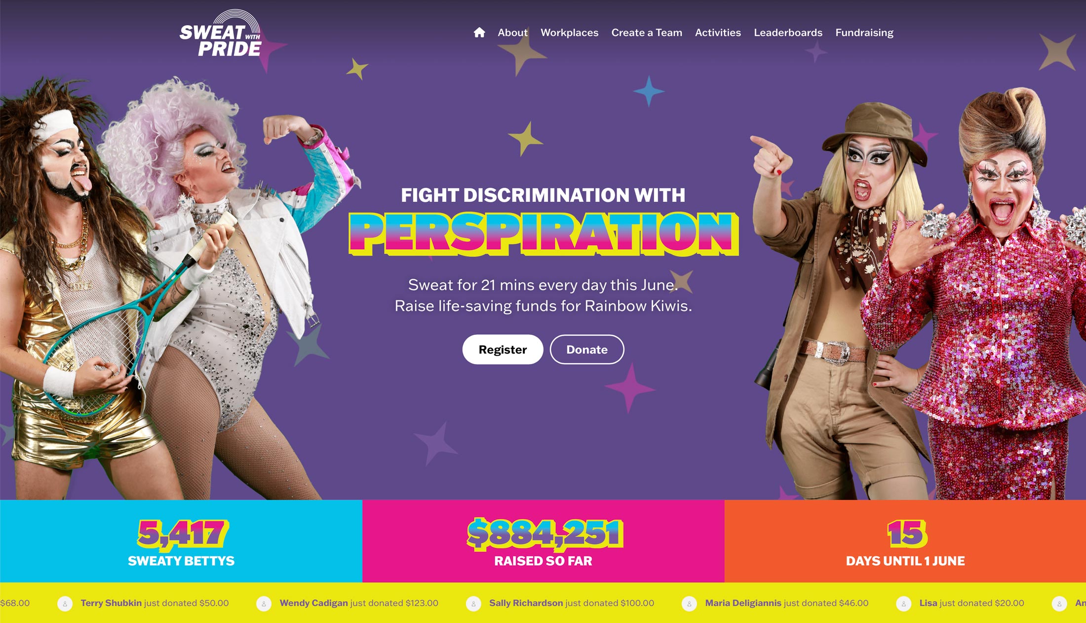 Sweat with Pride homepage showing the challenge stats