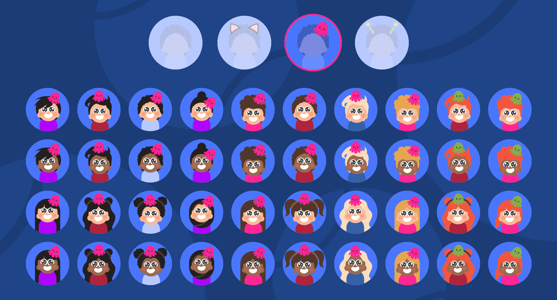 Screenshot showing the custom avatar picker we built, including fun options like octopus hats