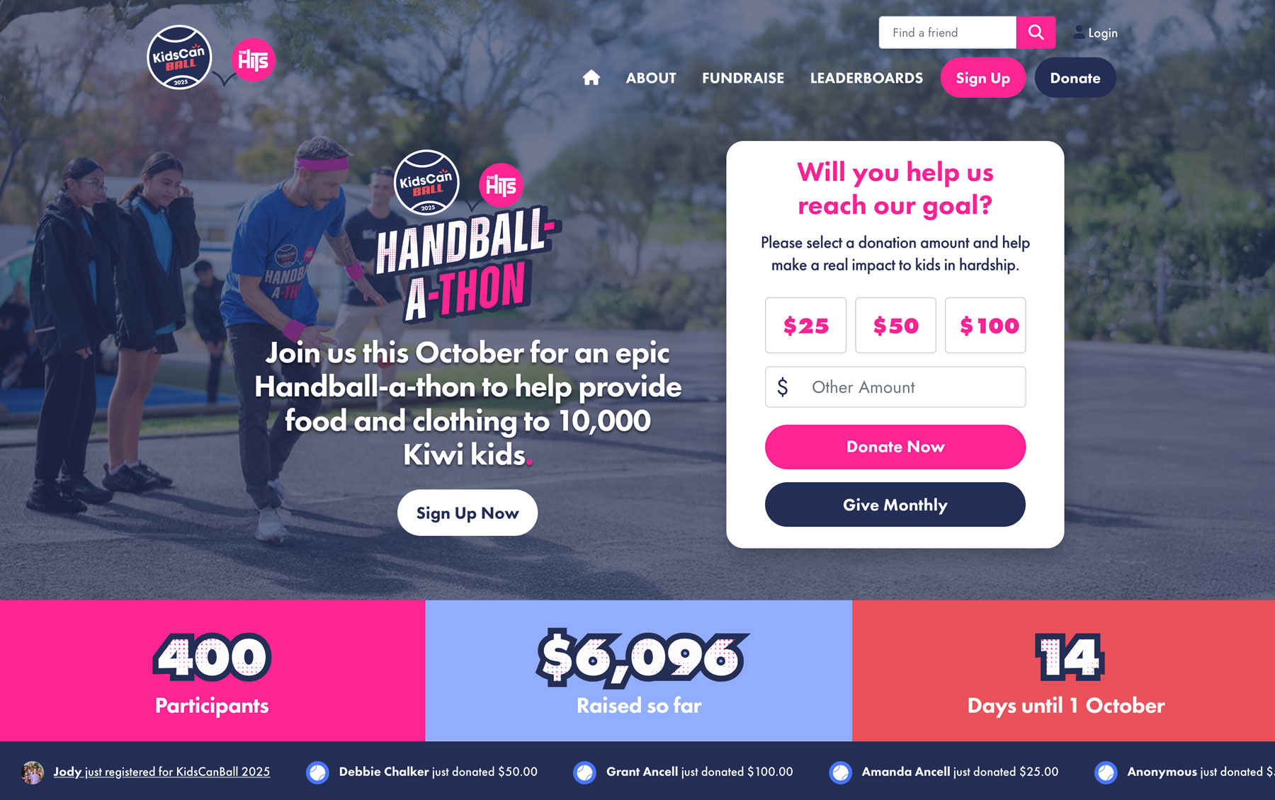 KidsCanBall challenge homepage, showing an inline donation widget and campaign stats bar