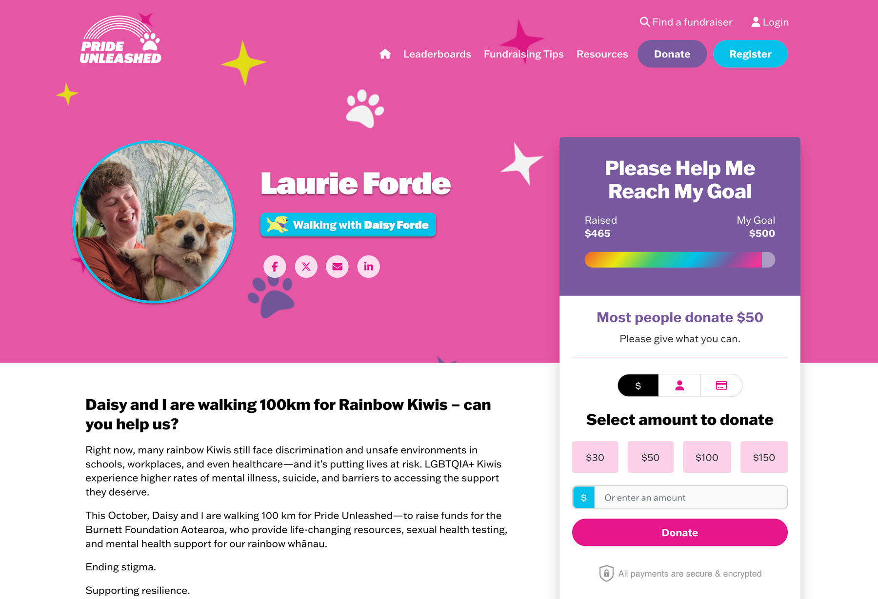 Screenshot showing a fundraising profile, with their dog name featured in the header area