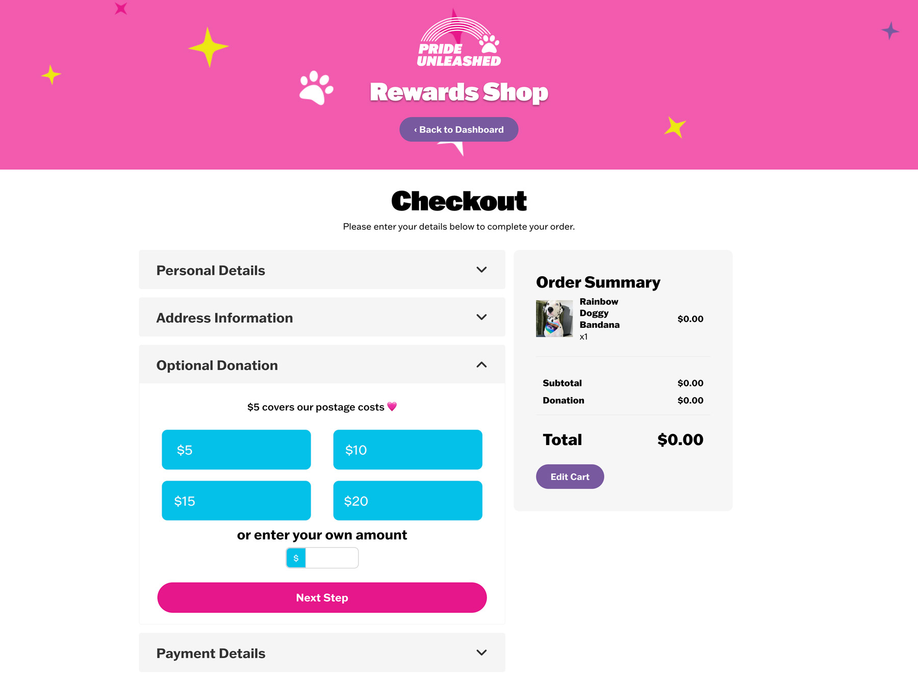 Screenshot showing the Pride Unleashed rewards shop checkout flow, with optional donation step